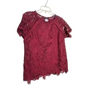 Guest Editor Floral Lace Blouse Short Sleeve Pullover Lined‎ Burgundy Size M NEW